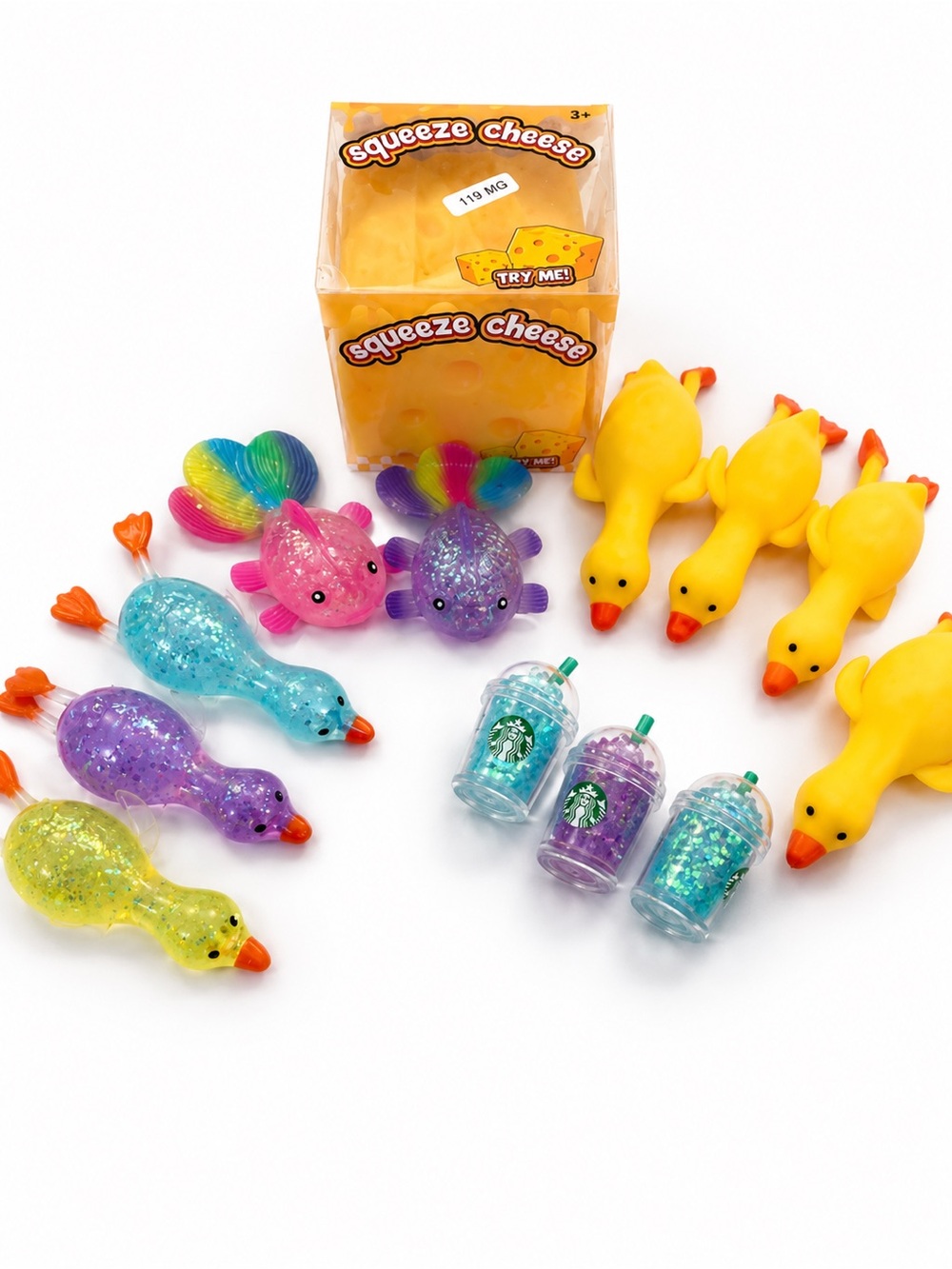 Squeeze Cheese & Assorted Squishy Toys - Yellow, Blue, Purple, Pink